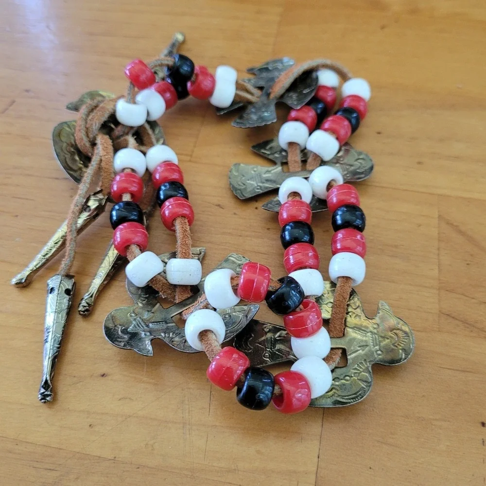 Tribal Southwestern Multi Strand Bracelet Red Black White Beads Bird Plaques 40g